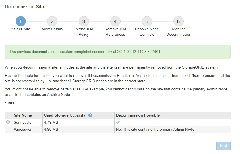 Decommission Site Success Message