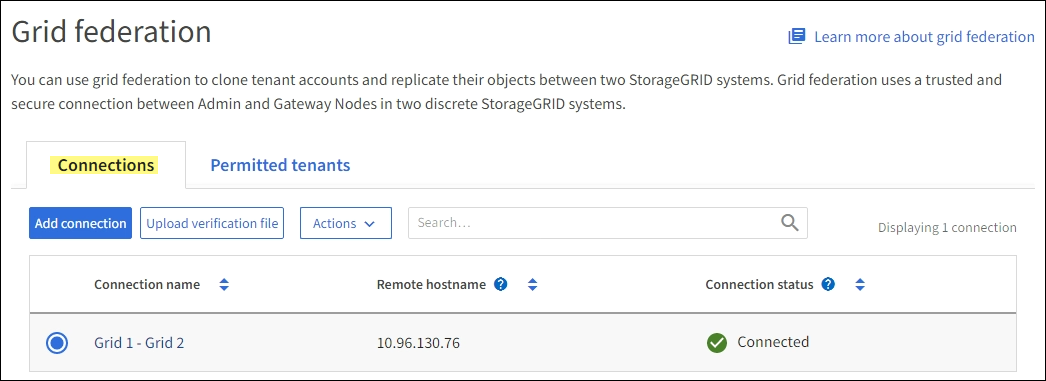 Grid federation connections tab