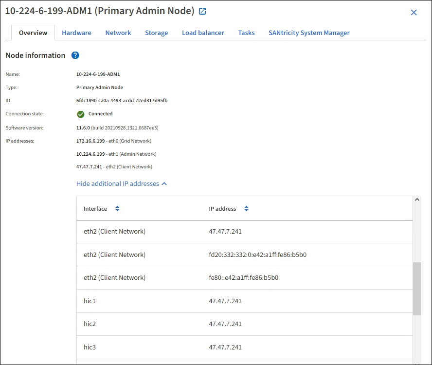 Nodes page Overview tab for services appliance