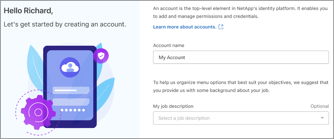 A screenshot of the Workload Factory setup wizard that prompts you for the Workload Factory account.