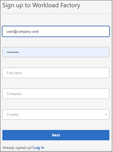 A screenshot of the Sign up page where you can add your user name and password for access to Workload Factory.