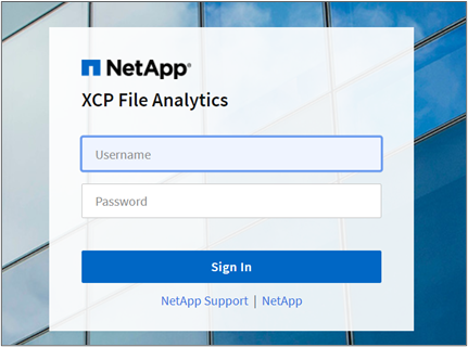 XCP File Analytics sign in screen