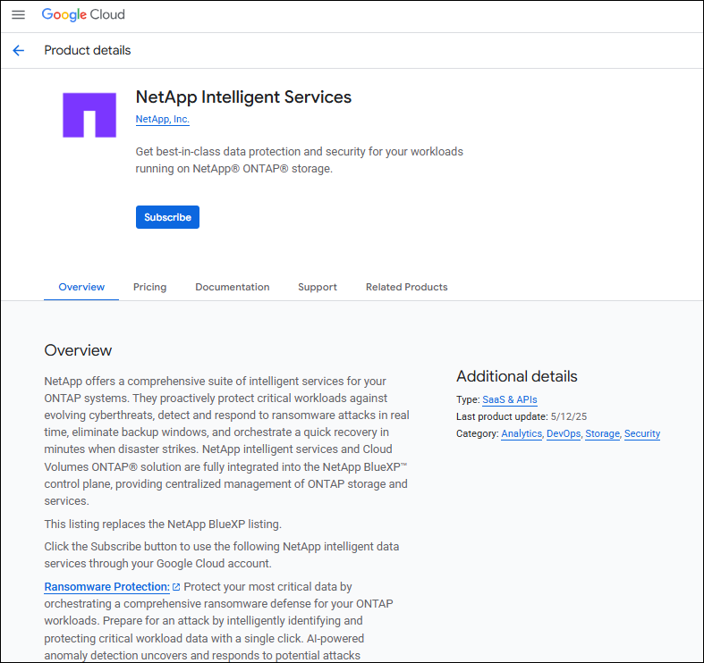 Google Cloud Marketplace订阅页面