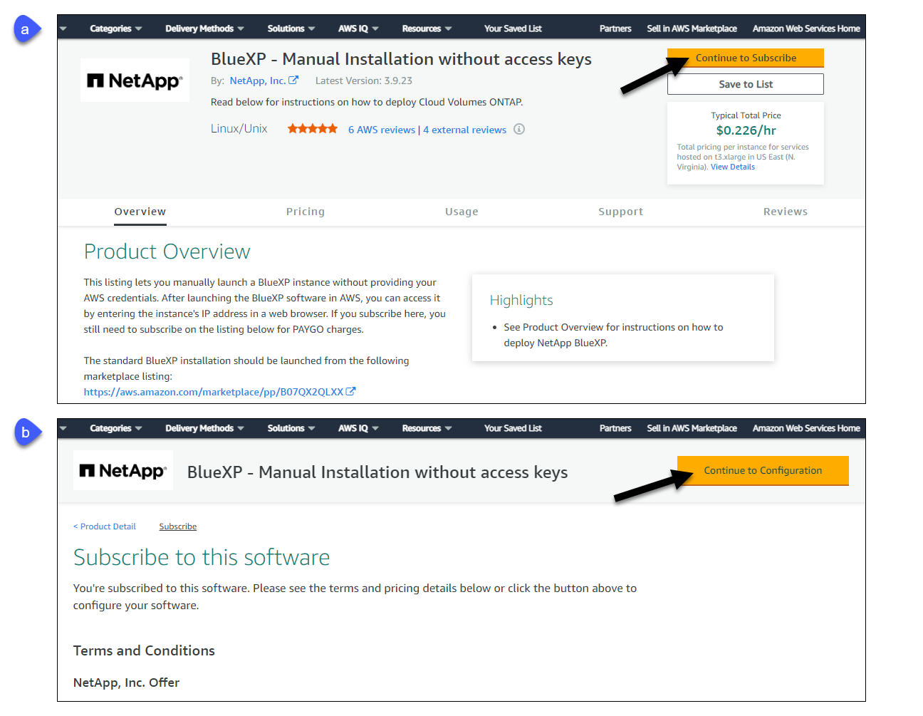 屏幕截图显示了 AWS Marketplace 上的 Continue to Subscribe and Continue to Configuration 按钮。