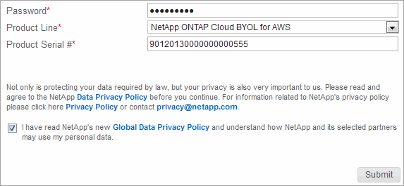 屏幕截图：显示填写的 NetApp 许可证文件生成器网页示例，包括密码，产品（ NetApp Cloud Volumes ONTAP BYOL for AWS ）和产品序列号。