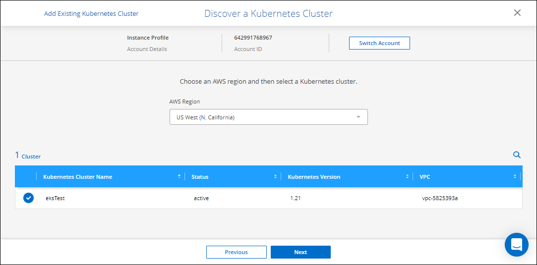 "Discover a Kubernetes Cluster" 页面的屏幕截图，其中显示了选定的 AWS 区域和 Kubernetes 集群。
