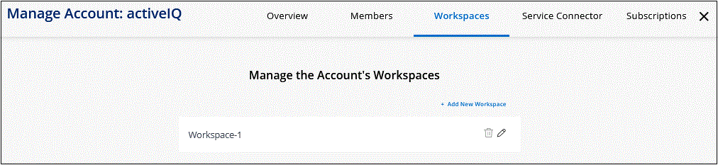 屏幕截图显示了 " 管理帐户 " 小工具，您可以从中管理用户，工作空间和连接器。