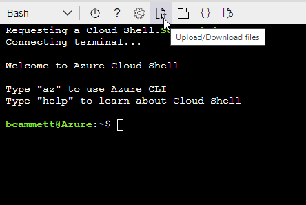 Azure Cloud Shell 的屏幕截图，您可以在其中选择上传文件的选项。