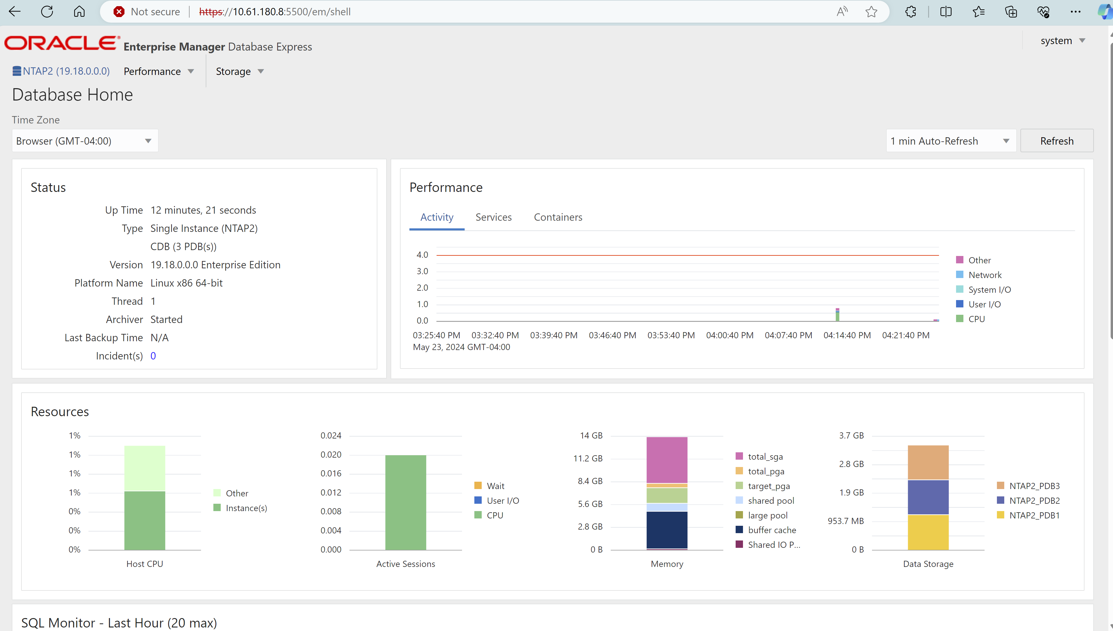 此图像提供了 Oracle Enterprise Manager Express 的容器数据库视图