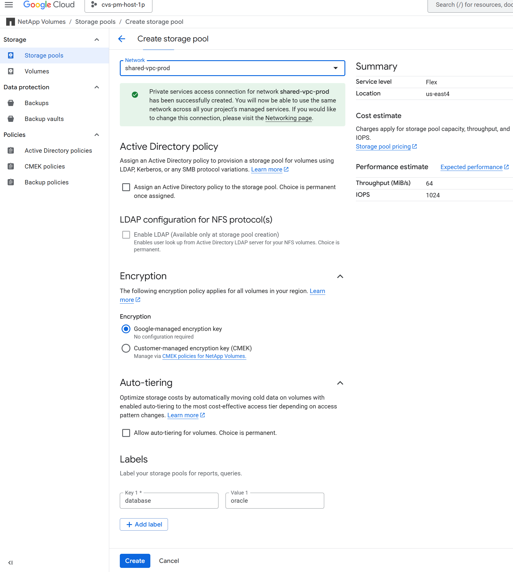 此图像提供了在 Google Cloud 中使用 NFS 部署 Oracle 的 GCNV 卷配置屏幕截图。