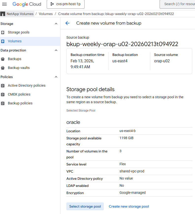 此图像提供了在 Google Cloud 中使用 NFS 部署 Oracle 的 GCNV 保管库备份还原的屏幕截图。