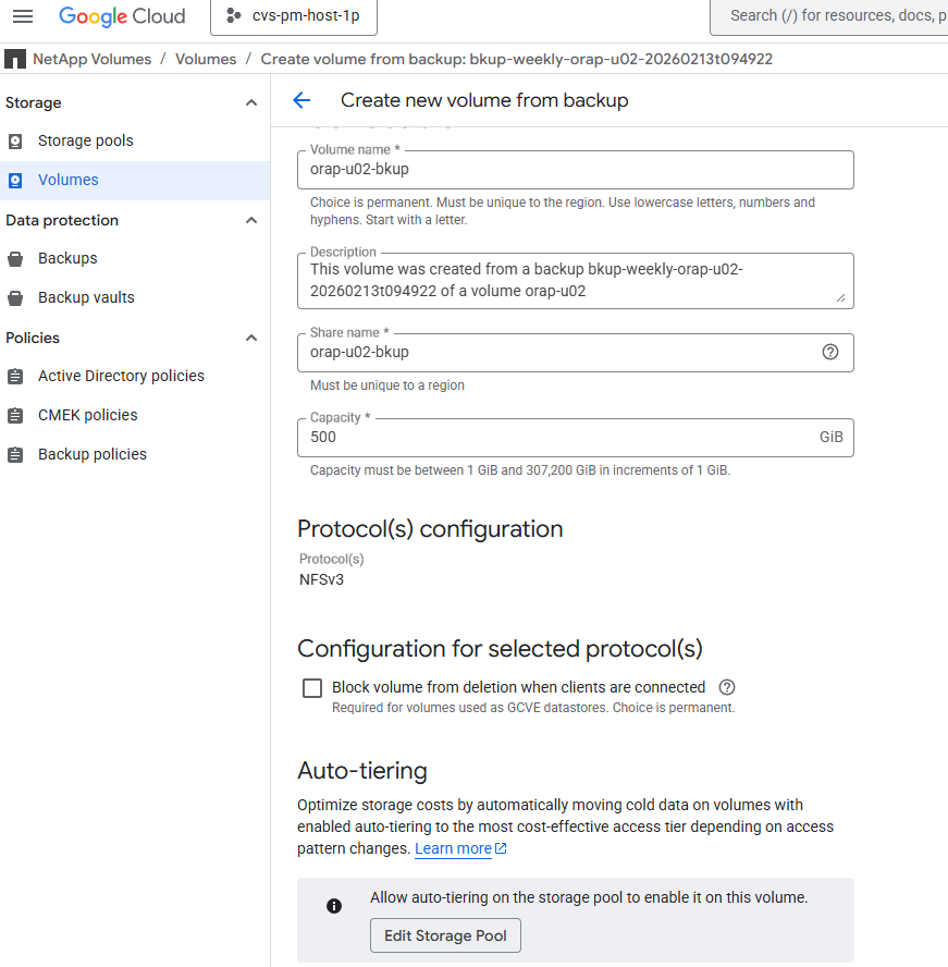 此图像提供了在 Google Cloud 中使用 NFS 部署 Oracle 的 GCNV 保管库备份还原的屏幕截图。