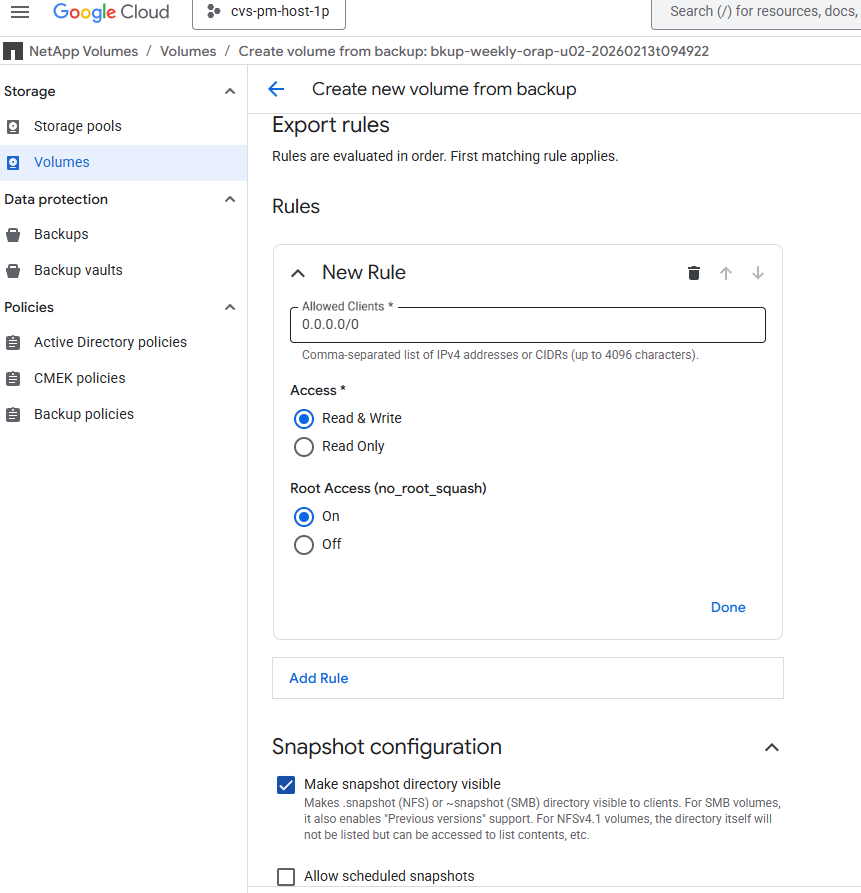 此图像提供了在 Google Cloud 中使用 NFS 部署 Oracle 的 GCNV 保管库备份还原的屏幕截图。