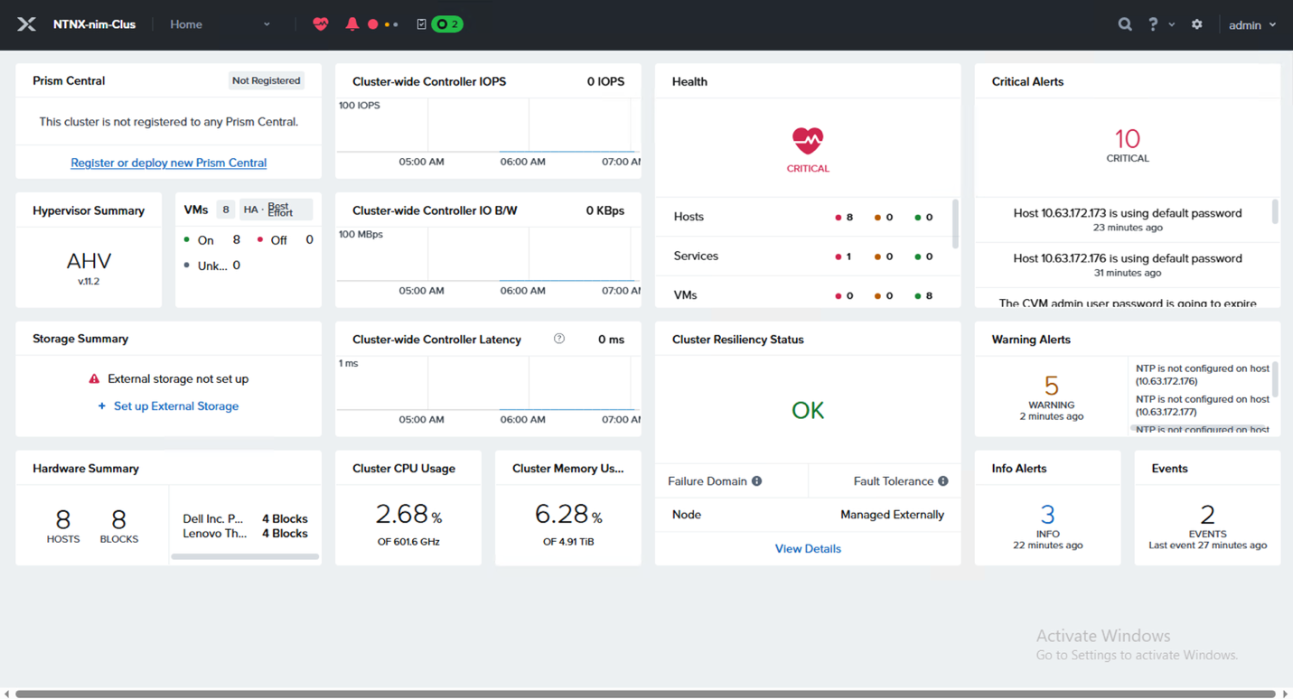 运行 AHV 的新创建 Nutanix 集群的 Prism Element 主页