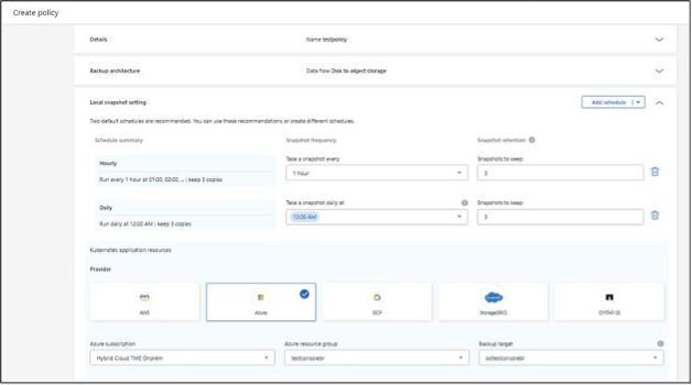 选择本地快照设置和 Azure Blob Storage 作为备份目标