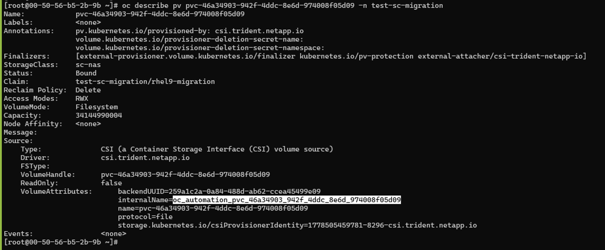 迁移前使用 OC CLI 的 ONTAP 卷名称