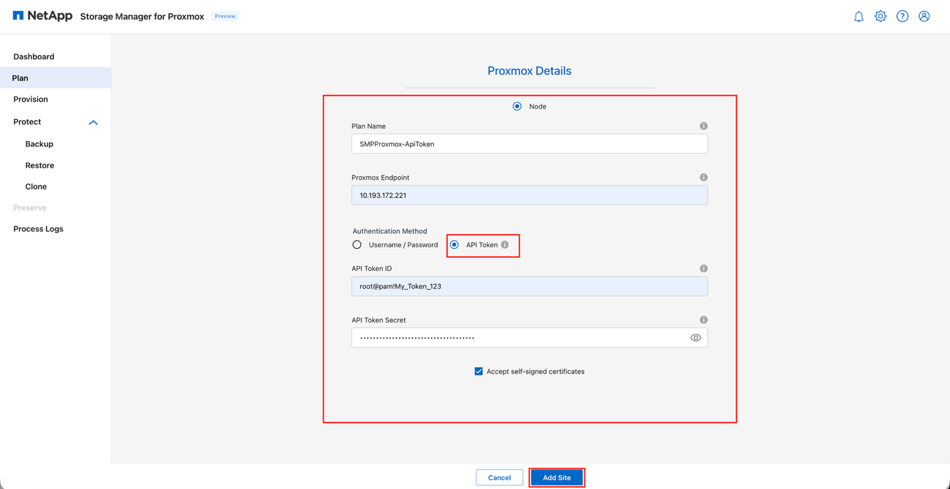 使用 API 令牌选项添加 Proxmox 对话框