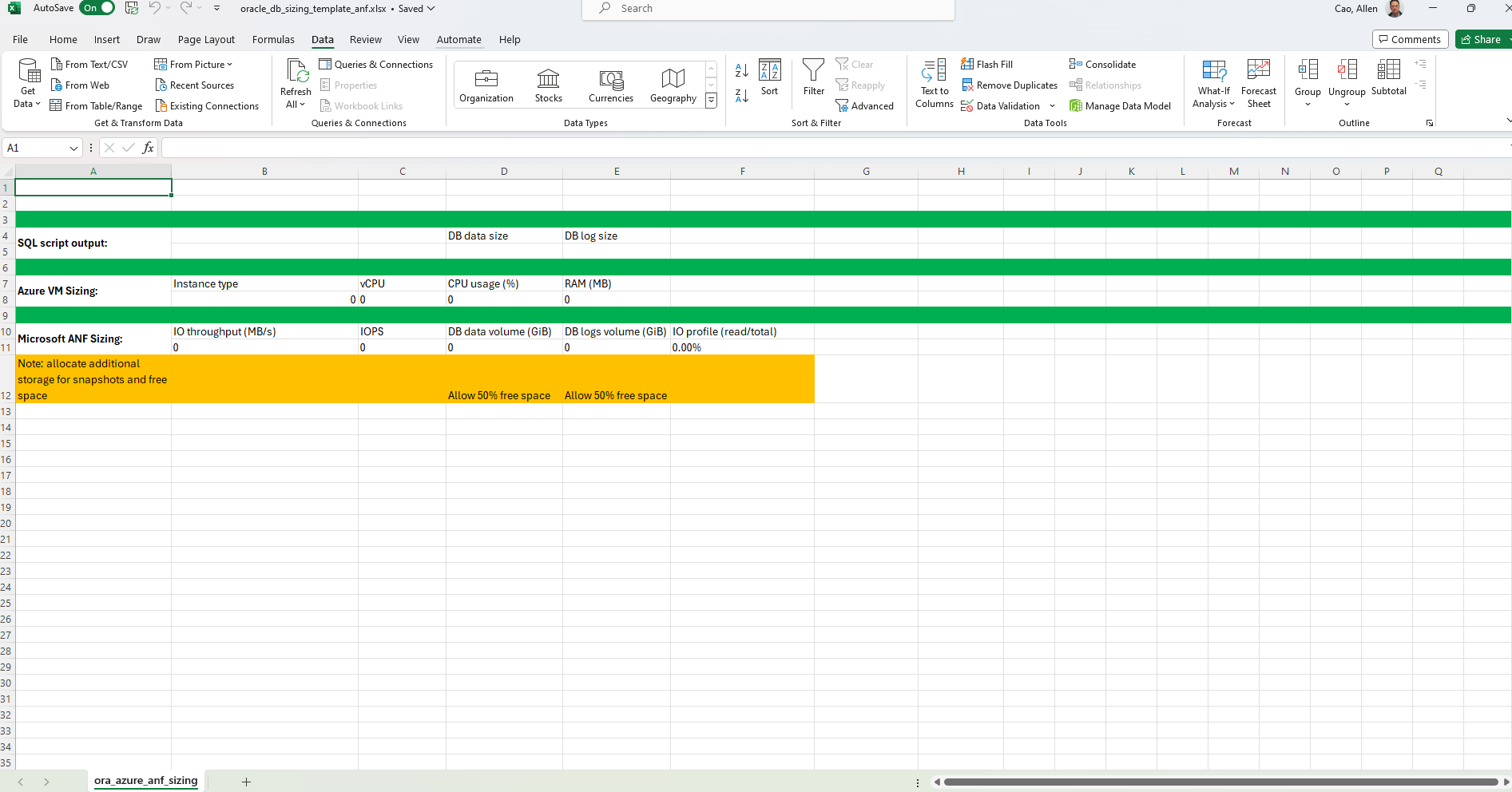 此图提供了用于Oracle规模估算的Excel模板屏幕截图