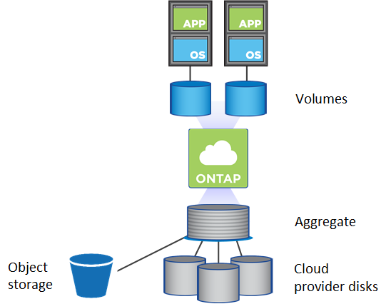 此图显示了由磁盘组成的聚合以及Cloud Volumes ONTAP向主机提供的数据卷。