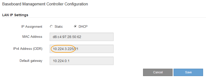 显示 DHCP 地址的 " 底层管理控制器配置 " 页面