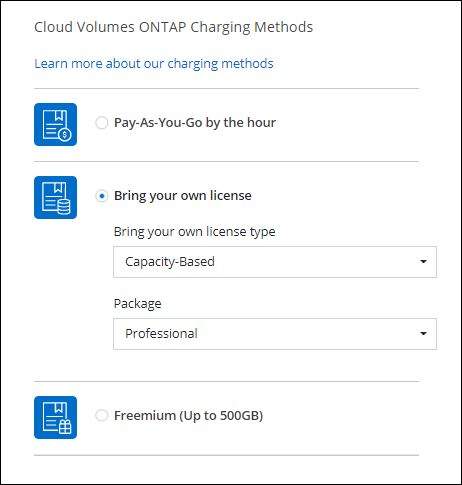 「功能性環境精靈」的螢幕快照、Cloud Volumes ONTAP 您可以在其中選擇充電方法。