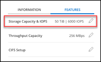 變更儲存容量和IOPS功能表位置的快照。