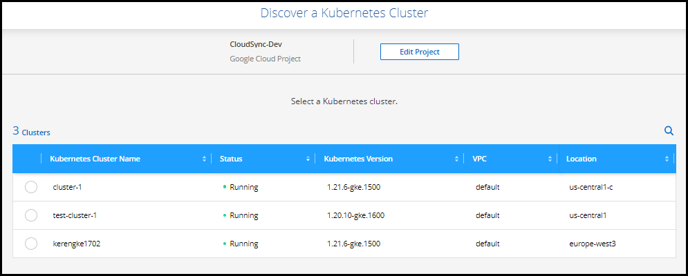 「Discover a Kubernetes Cluster」（探索Kubernetes叢集）頁面的快照、顯示選取的Kubernetes叢集。