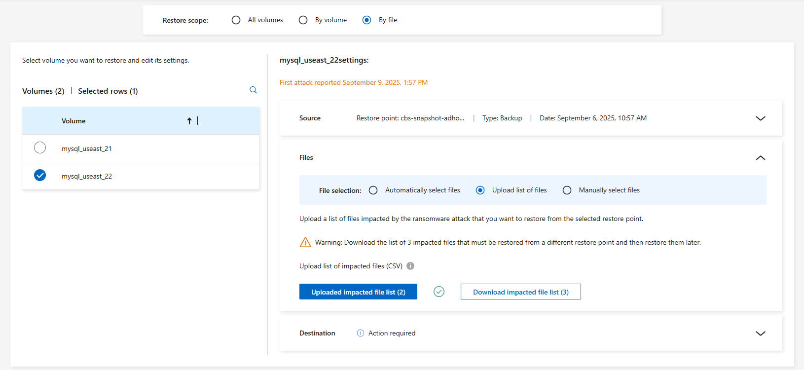 上傳列出警報受影響文件的 CSV 文件