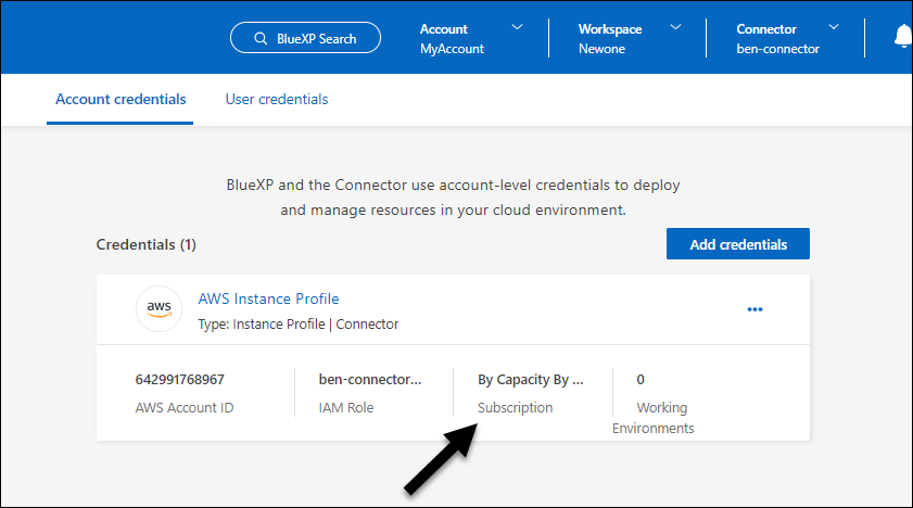 BlueXP 帳戶認證頁面的螢幕擷取畫面、其中顯示 AWS 認證、其中包含一個訂閱欄位、可識別與認證相關的訂閱名稱。