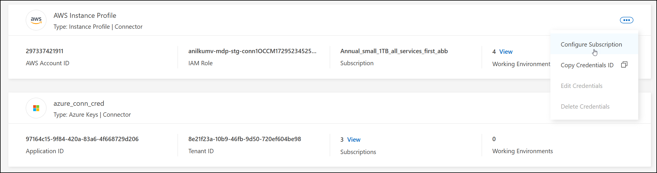 一組現有憑證的操作選單的螢幕截圖。