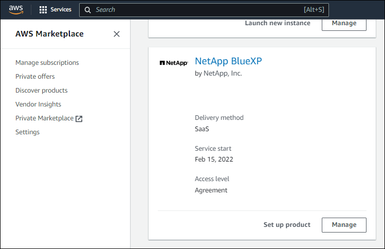 AWS Marketplace 的螢幕截圖，顯示NetApp訂閱。