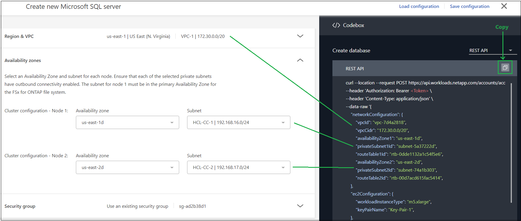 快照顯示如何在 UI 中建立 Microsoft SQL Server,以及 Codebox 中 VPC 和可用度區域的對應項目。