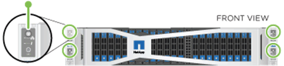 此圖顯示了 2U 機架中各節點上的電源按鈕。