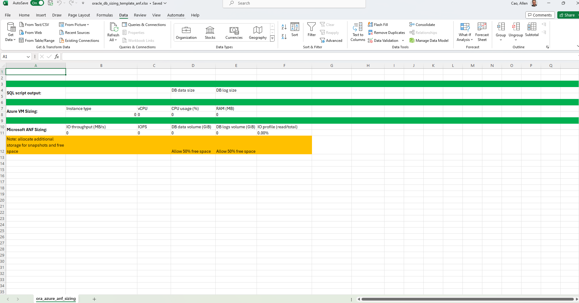 此圖提供了 Oracle 規模的 Excel 範本螢幕截圖
