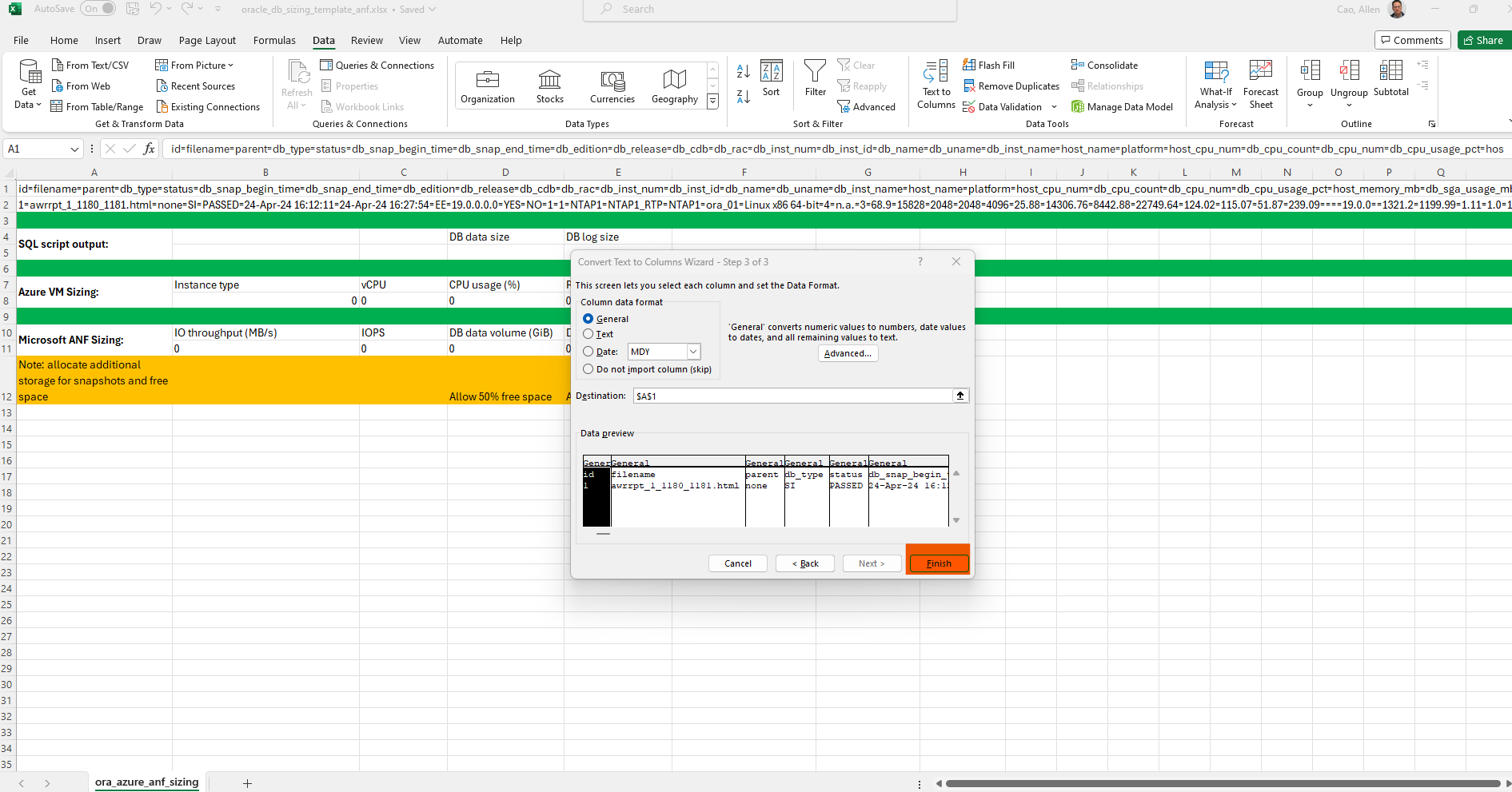 此圖提供了 Oracle 規模的 Excel 範本螢幕截圖