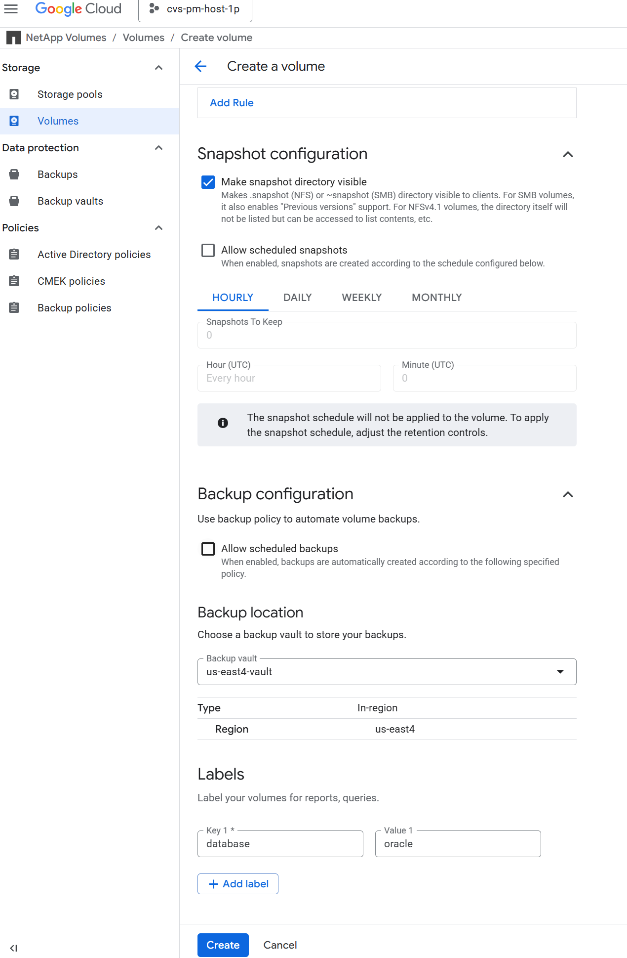 此圖提供了在 Google Cloud 中使用 NFS 部署 Oracle 的 Google Cloud NetApp Volumes 磁碟區配置的螢幕截圖。