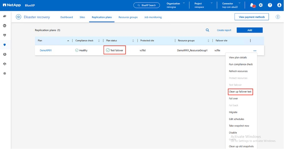 BlueXP replication計畫測試故障轉移清理