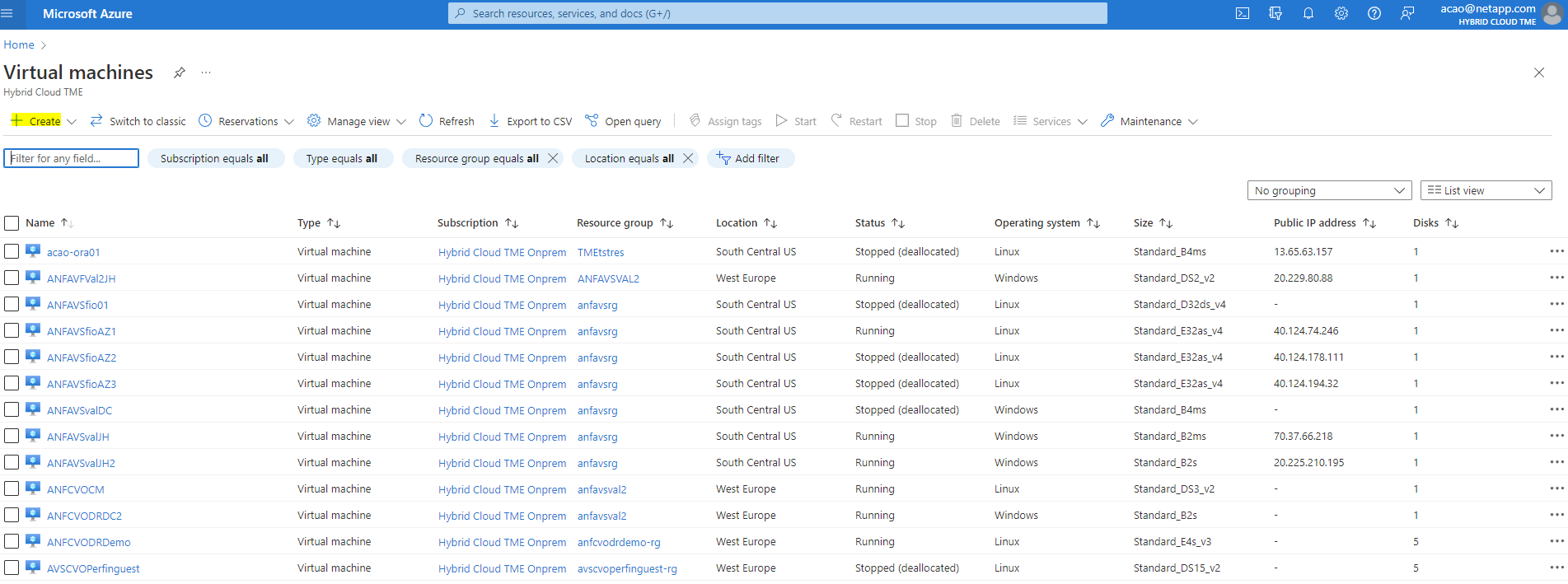 此螢幕快照顯示可用Azure VM的清單。