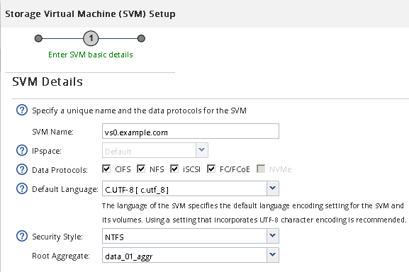 圖例顯示以NTFS安全樣式建立SVM