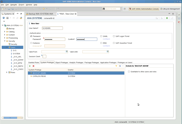 SAP HANA Studio的下列螢幕快照顯示可在何處建立備份使用者。