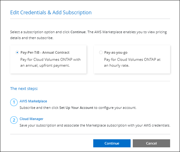 建立Cloud Volumes ONTAP系統時提供的年度合約的螢幕截圖。