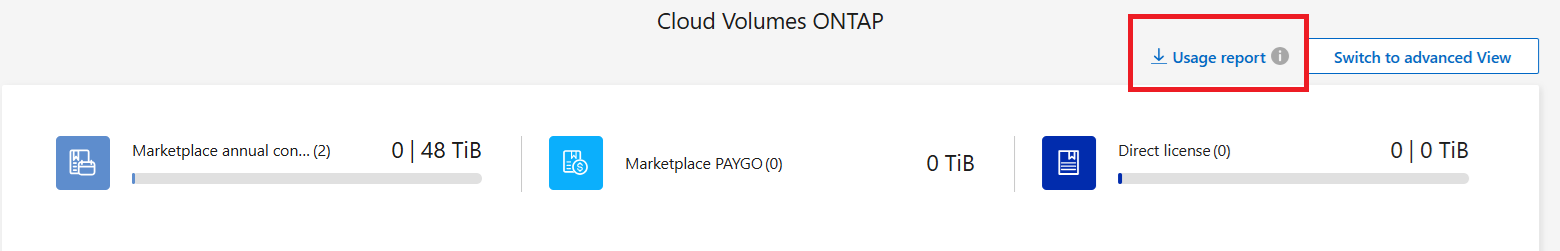 螢幕截圖顯示了基於Cloud Volumes ONTAP容量的許可證頁面，並突出顯示了使用情況報告按鈕。