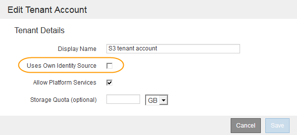 「Edit Tenant Account（編輯租戶帳戶）」>「使用自己的身分來源」核取方塊未選取