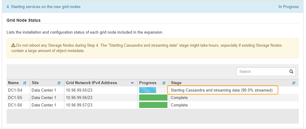 Grid Expansion >正在啟動Cassandra和串流資料