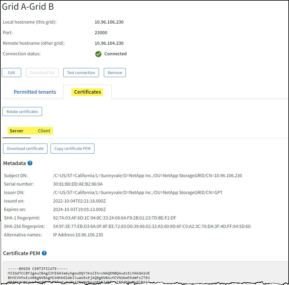 網格聯合證書選項卡